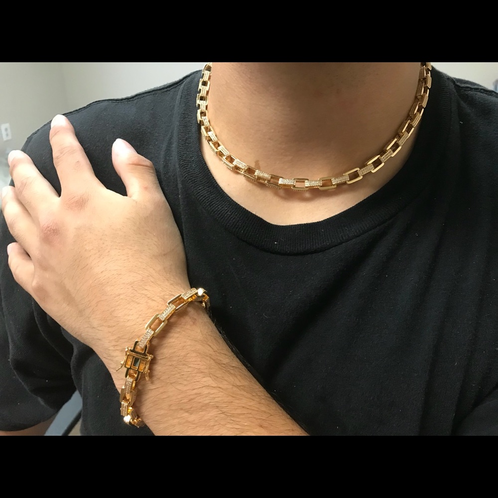 Iced out rectangle link chain hip pop jewelry set